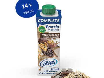 Verkaufen mit Online-Zahlungen: all in® COMPLETE VEGAN Protein Mahlzeit Hafer & Kakao (14 x 250ml